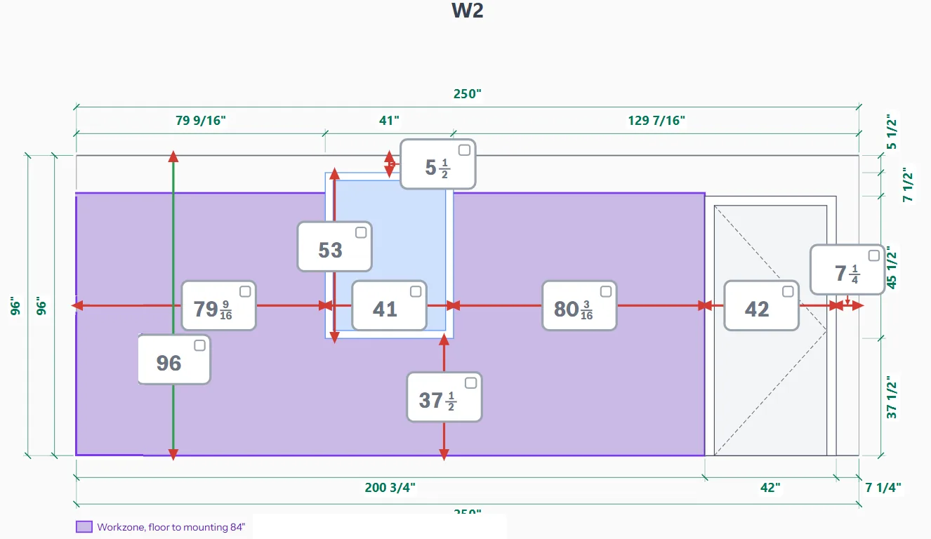 Elevation of wall W2 at 250 inches: a 41 inch window at 79 9/16 from the corner, a 42 inch door, 96 inch ceiling, workzone floor to mounting 84 inches, each dimension in a box to confirm