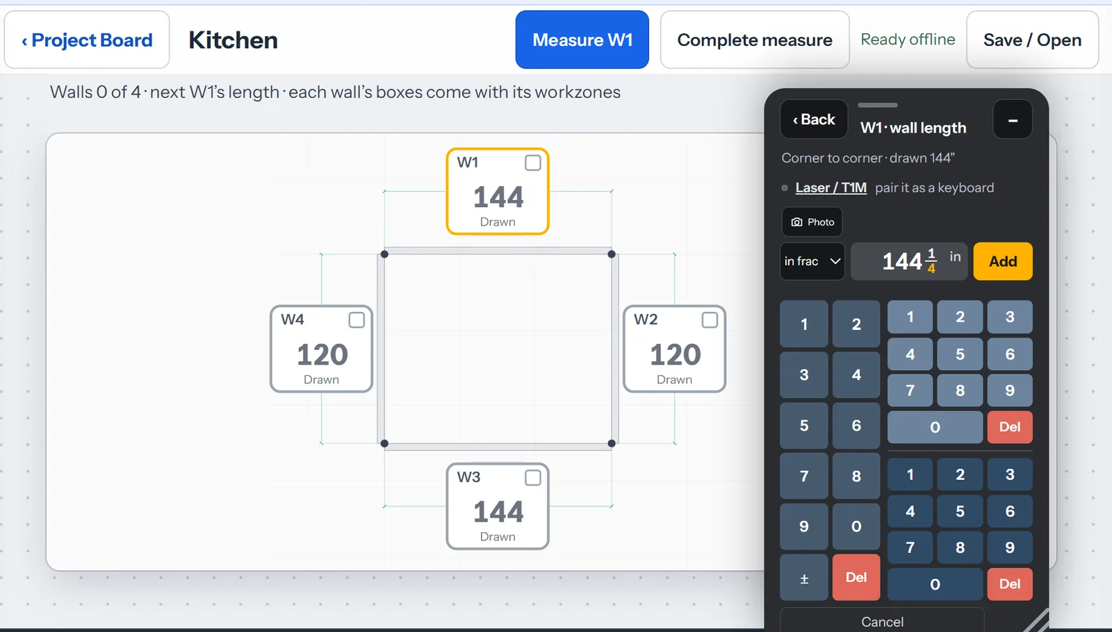 Measure W1 with the fraction keypad: 144 and a quarter inches entered for wall 1